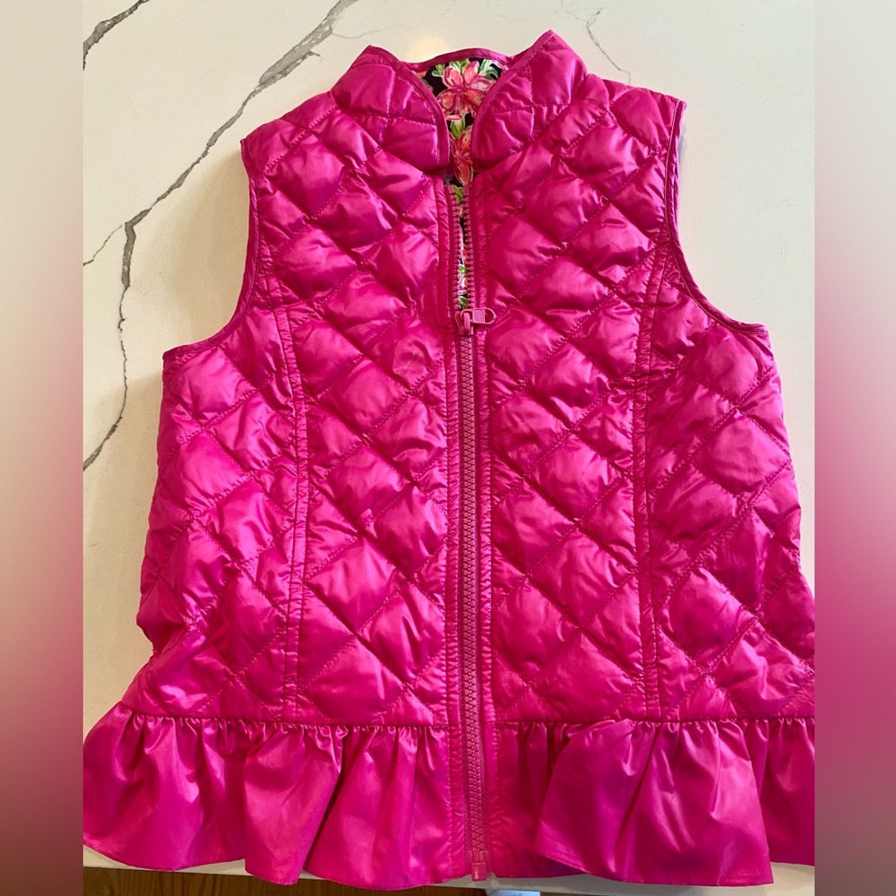 Lilly Pulitzer Girls Melanie Reversible Down Vest- Pink Floral Peplum